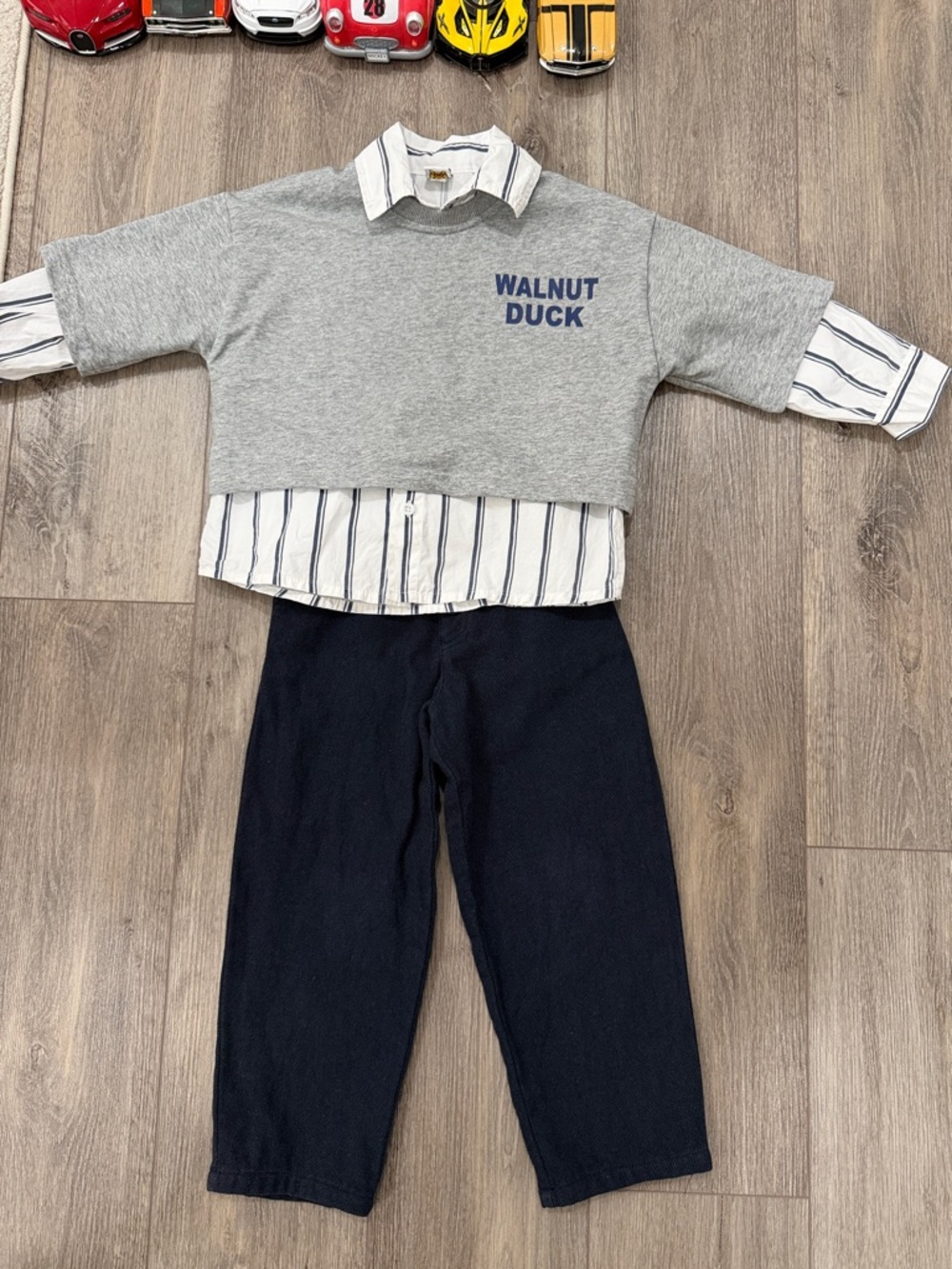 Walnut Duck Layered Grey Sweatshirt with Navy Pants